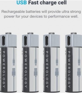 باتری نیم‌ قلمی قابل شارژ پاورولوژی Powerology مدل PRUBAAA4(بسته 4 عددی همراه کابل شارژ)